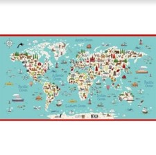 23.5" X 44" Panel Around the World Map Animals Landmarks Cotton Fabric D478.55