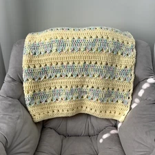 NEW Afghan Blanket Crochet Throw Lap Handmade 50" x 46” Yellow Multi Striped