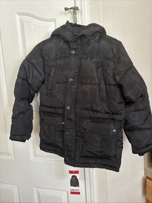 NWT DKNY Youth Womens Medium 10/12 Jacket Winter Removable Hood Black Puffer