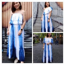 Women Indigo Hand Made Tie Dye Smocked Beach Dress One Size Fit All Off Shoulder