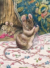 Modern Postcard: Beatrix Potter - Mouse Embroidery - Pink Thread - Mouse sewing