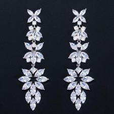 Shiny Cubic Zirconia CZ Long Dangle Leaf Drop Earrings for Bridal Wedding Party