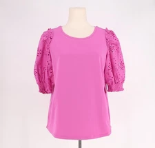 NWT CHICO'S Eyelet Smock Sleeve Knit Top In Kalmia Pink Size 1/M