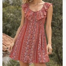 American Eagle Size M Red Floral Boho Ruffle Sleeve Mini Dress