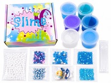 DIY Blue Slime Kit 6 Slimes with Charms, Foam Beads Mix-Ins Complete Craft Set