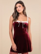 Lulus Velvet Dress Burgundy Satin Mini Fairy Whimsical Goth Babydoll Size M NWT