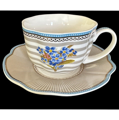 Lisbeth Dahl Copenhagen Hand Decorated Porcelain Cup & Saucer Floral Blue White