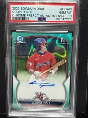 COOPER INGLE  2023 BOWMAN DRAFT AQUA LAVA /199 ON CARD RC AUTO PSA 10