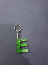 Initial New Block Letter E Resin Black W Green Sparkle Key Chain