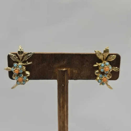 50's Turquoise Floral Earrings Clip-On Screw Back Stud Multi-Color Statement VTG - Picture 2 of 7