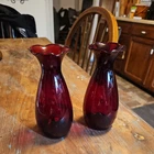 Set of 2 Vintage Anchor Hocking Ruby Red Ruffled Fluted Glass Bud Vase 6.5" H
