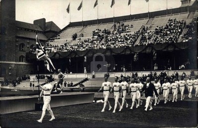 OLYMPICS 1912 English Male Gymnasts March to Stadium RPPC Photo Postcard COPY