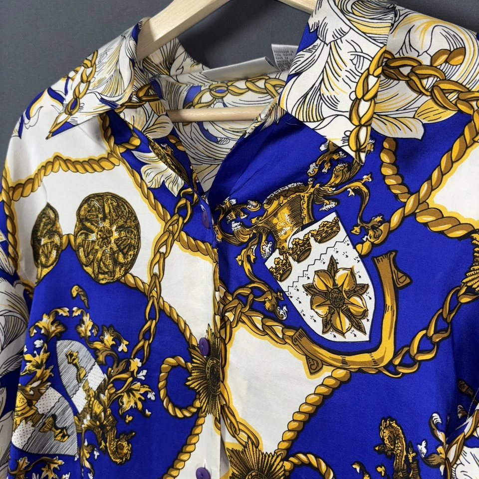 Camisa Nordstrom De Colección Años 80 Top Para Mujer 14 XL Azul Seda Dorado Estampado Barroco Botones Foto 4 de 4