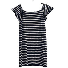 Lauren by Ralph Lauren Size Medium Navy Cream Striped Mini Dress Flutter Sleeve