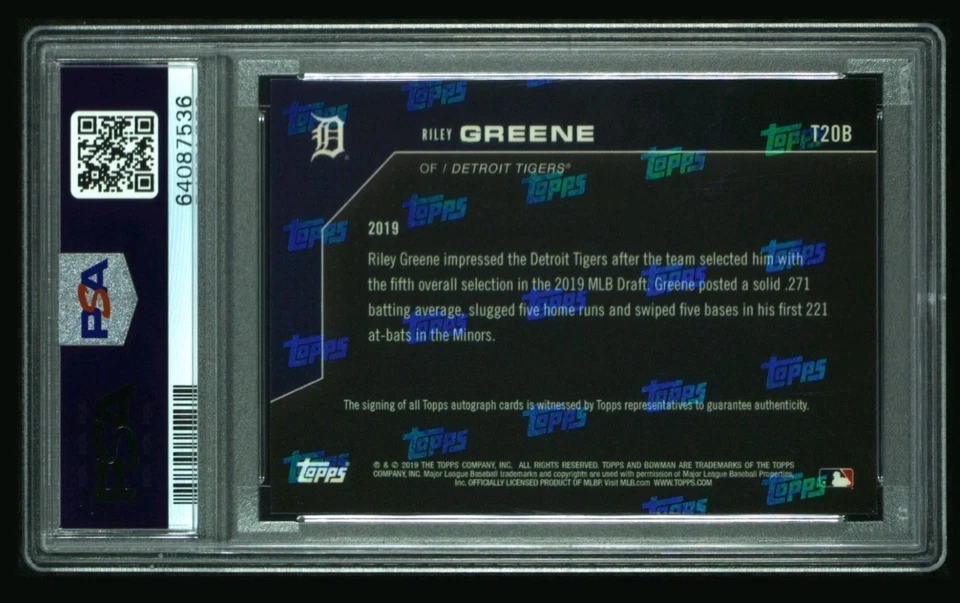 2019 Topps Bowman Next Riley Greene Blue AUTO Pre Rookie /49 PSA 10 DNA 10 - Image 2 of 2