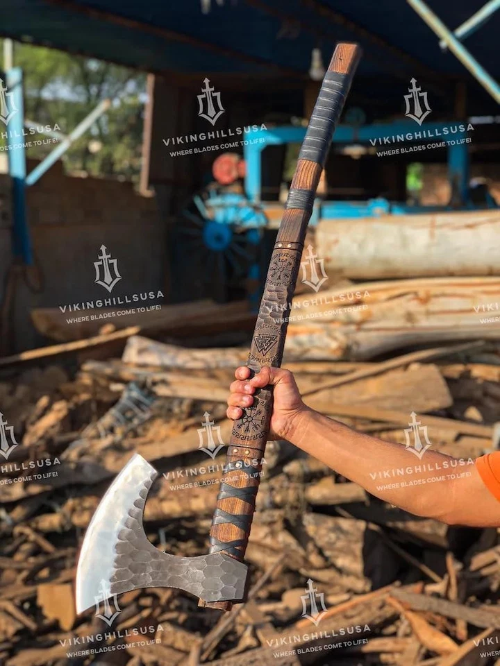 Handmade Carbon Steel Berserker Viking Axe Two Handed Axe - Image 4 of 4