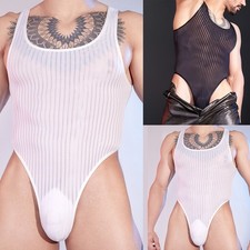 Mens Striped Sleeveless See Through Underwear Bodysuit Pajamas Leotard