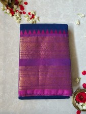 Handloom Kanchipuram Cotton Navy Blue Saree with Pink Border