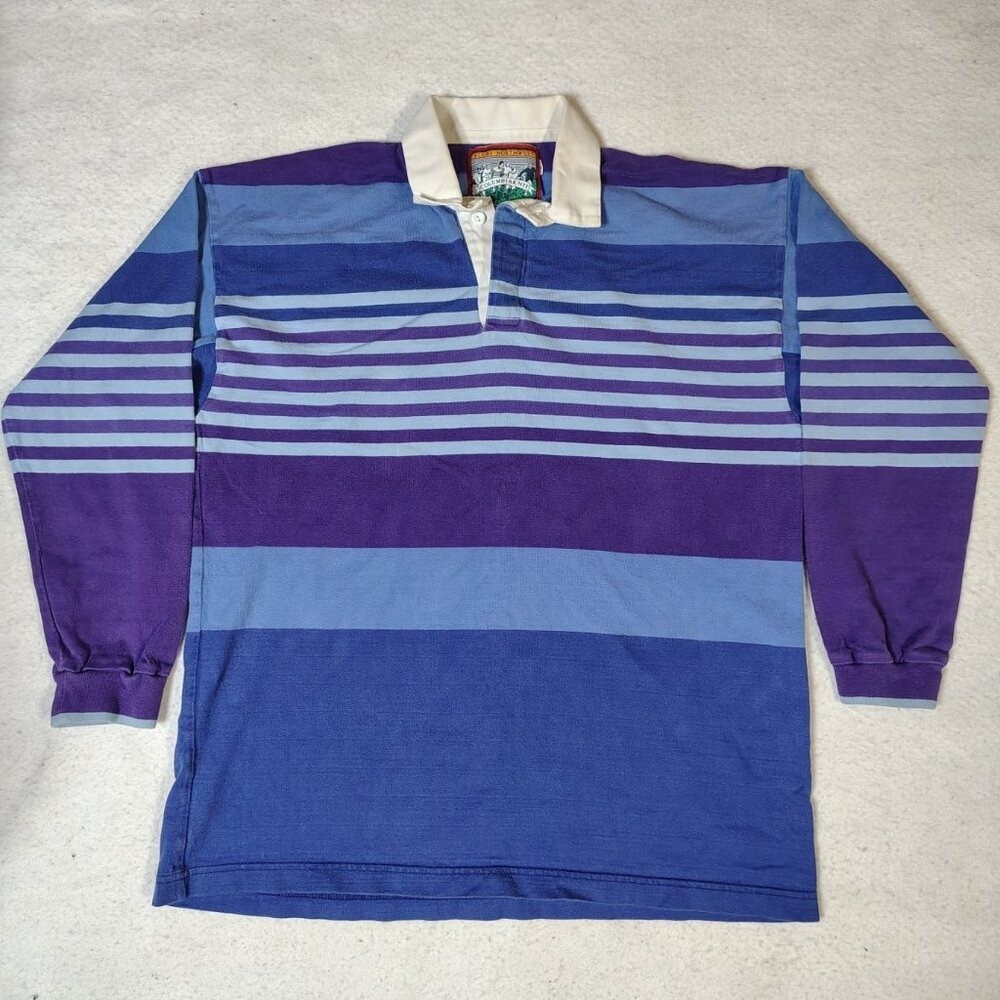 VINTAGE Columbia Knit Rugby Shirt Size Large Purple Striped Long