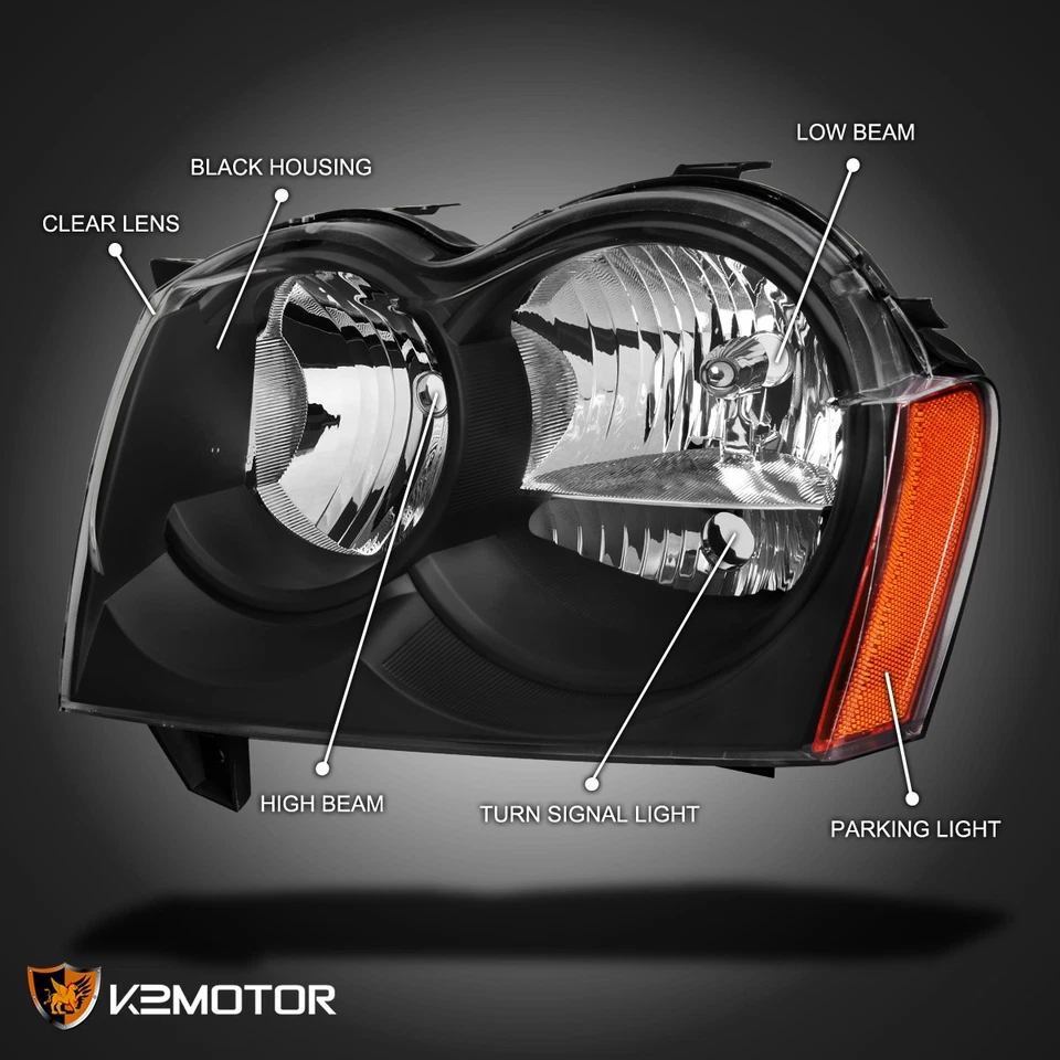 Fits 2005 2006 2007 Jeep Grand Cherokee Headlights Headlamps Black Left+Right - Image 3 of 4