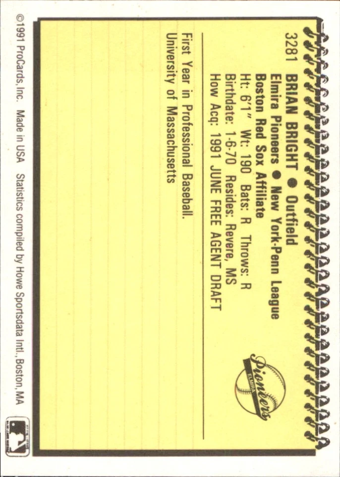 Brian Bright 1991 ProCards #3281 RC Elmira Pioneers *AutographDen* - Image 2 of 2