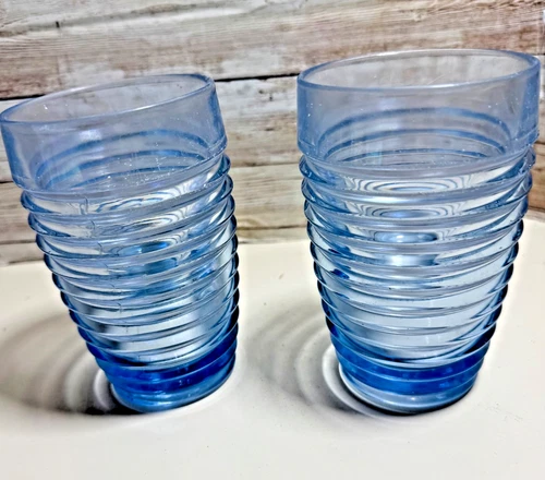 Set of 2 Vintage Anchor Hocking Park Avenue Manhattan Tumblers - Ice Blue Rib