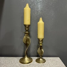 2 Vtg Solid Brass Twist Candle (included) Holders 9”& 5” Made in India MCM VGC