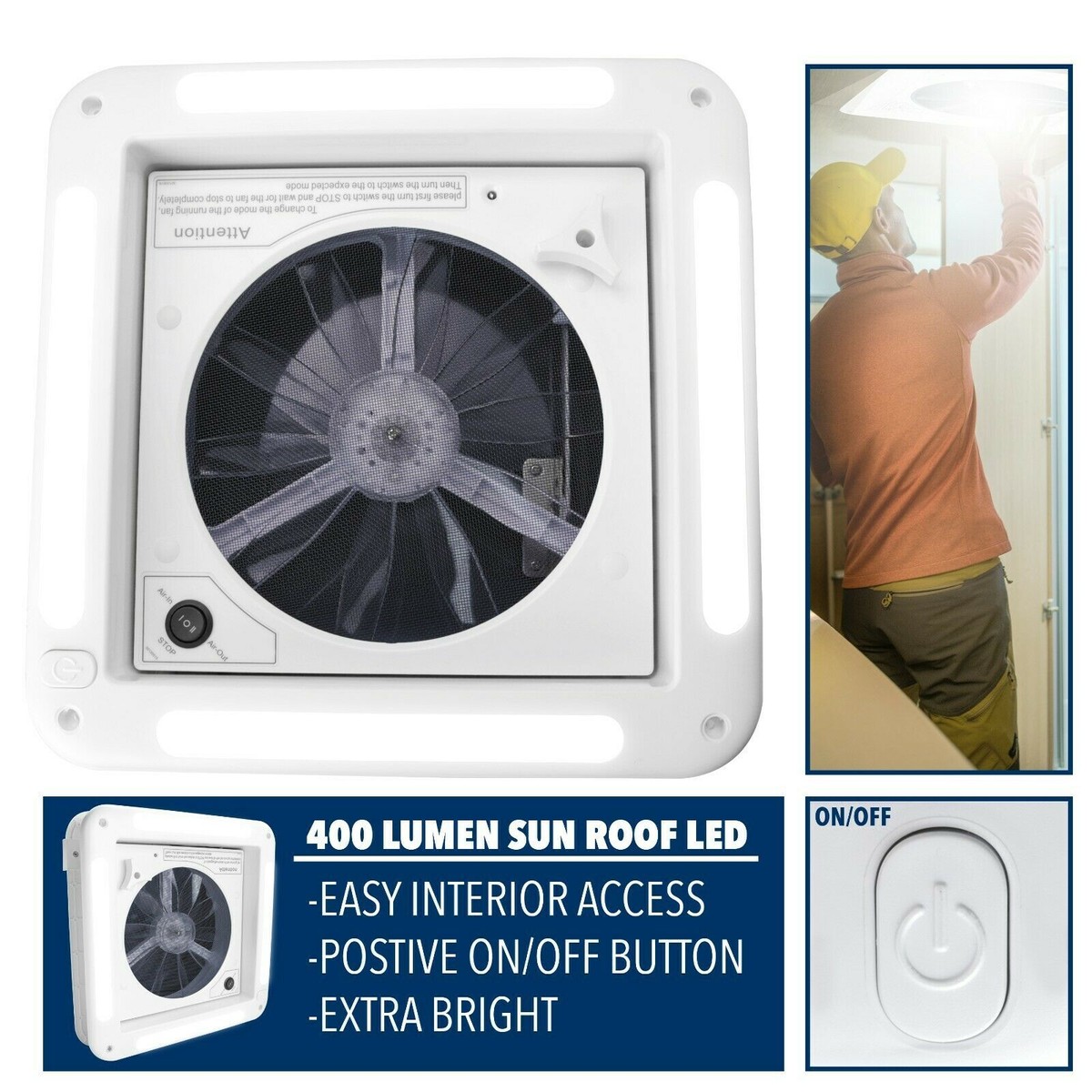 Produktbild von Dachventilator Wohnmobil Wohnmobil Dachventilator Mit LED Licht - 28x28cm, Abluftventilator Für RV & Wohnwagen 28x28cm Dachluke