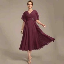 Short Mother of The Bride Dresses Flare Sleeve V Neck Pleats Chiffon Party Gowns