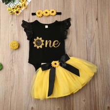 Newborn Girls 1st Birthday Outfit Ruffled Floral Romper Yellow Tutu Skirt Dress