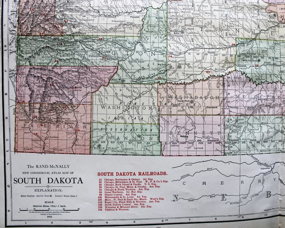 PÁGINA DE MAPA DO ATLAS COMERCIAL RAND MCNALLY DE SOUTH DAKOTA 1913 COM LINHAS FERROVIÁRIAS - Imagem 2 de 4