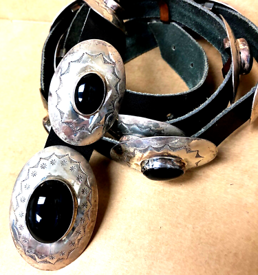 Vintage Native American Sterling Silver Onyx Conch Belt Astounding Vintage Native American Navajo Black Onyx  main image 3