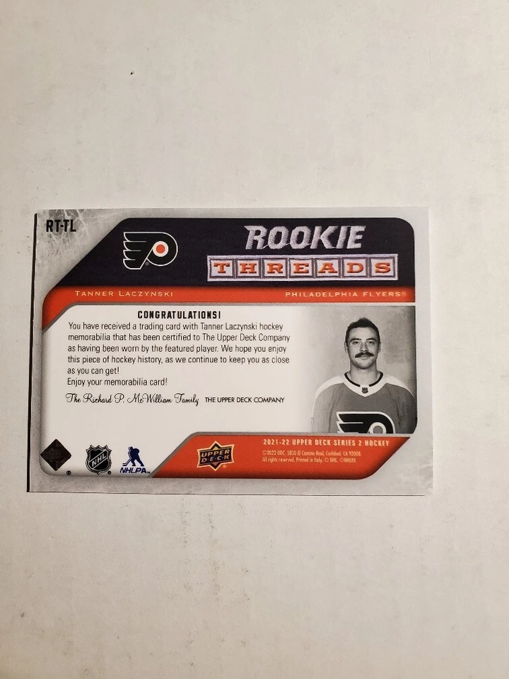 2021-22 Upper Deck Series 2 Threads Retro Tanner Laczynski #RT-TL Rookie RC - Image 2 of 2