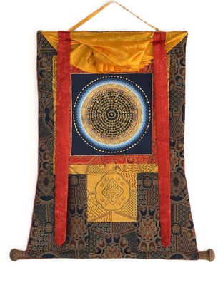 OM MANI PADME HUM MANTRA MANDALA HAND PAINTED TIBETAN THANGKA WITH SILK BROCADE