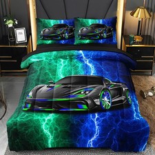 5 Pcs Car Comforter Sets for Boys, Cool Blue Green Lightnings Bed in A Bag Fu...