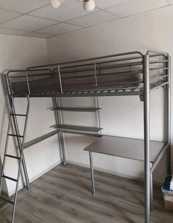 Lit Mezzanine 1 Place 90x190 Cm Conforama - Gris Métal Avec 2 étagères Et Matelas Inclus