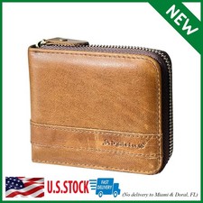 Men's Genuine Leather Short Zip-around Bifold Wallet