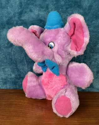 1982 America Wego Elephant Purple Pink Blue Bow Hat 9  Plush Vintage -Rare
