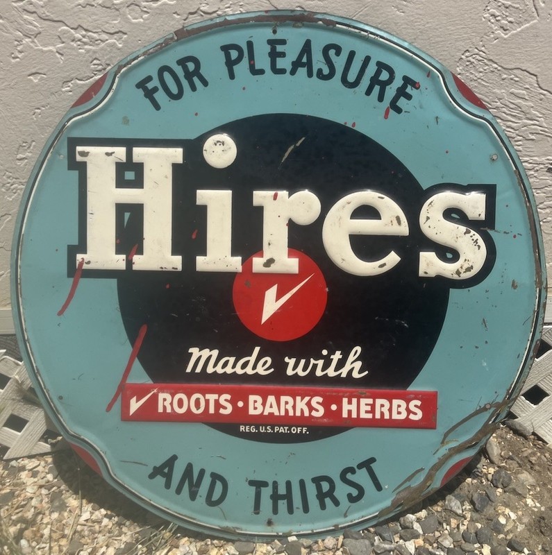 Vintage Hires Root Beer Tin Sign Embossed Metal Soda Advertising Gas Pump 23.5”