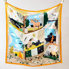 14 Momme Twill Silk Shawl Scarf Bandanna Yellow horse Print 88X88cm Wrap Square