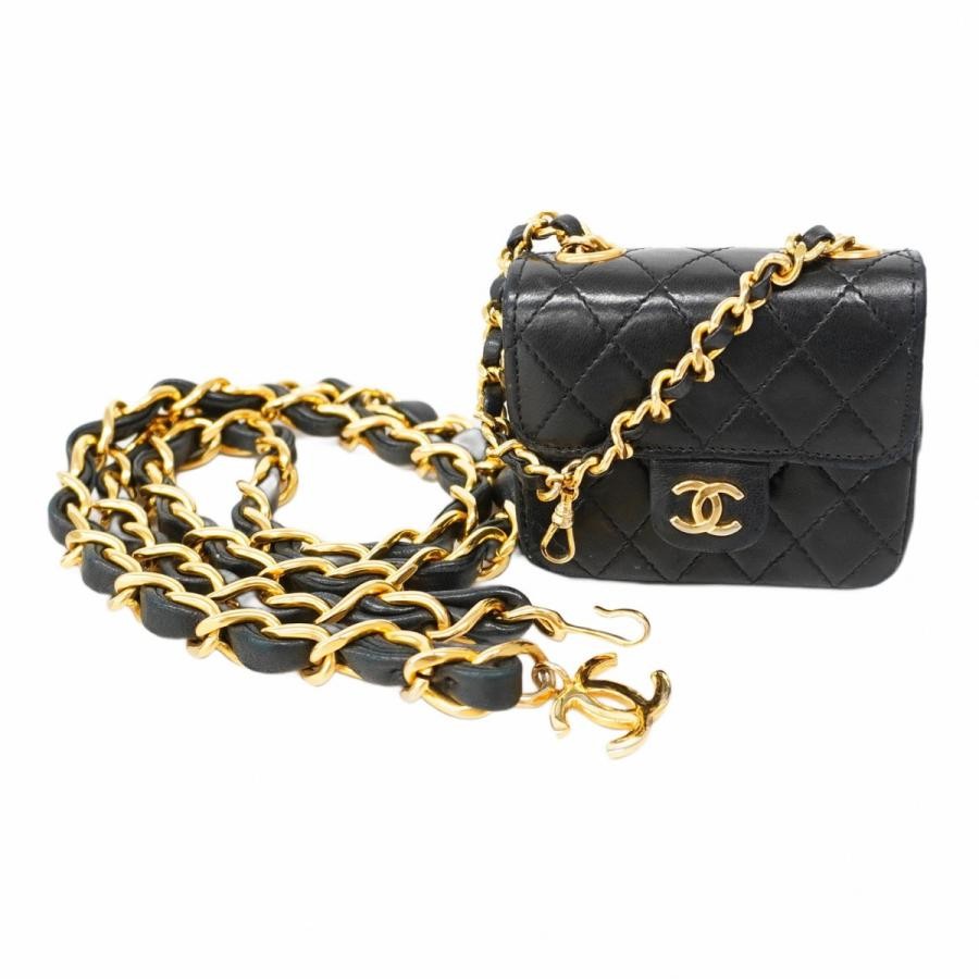CHANEL Black Lambskin Quilted Matelasse Waist Bag with Chain
