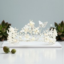 Silver tiara with butterfly, White Pearl Crown, Wedding crown, Flower Girl crown