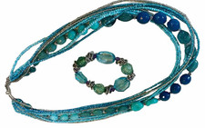 Blue and green beaded necklace and stretch bracelet set multi strand colorful