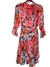 Tahari ASL Bow Tie Women's Pink Floral Long Sleeve Midi Dress Sz 12P
