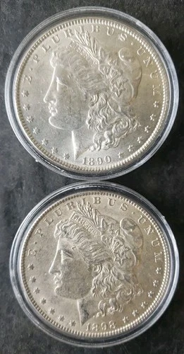 1890 and 1898 $1 Morgan Silver Dollars in Capsules