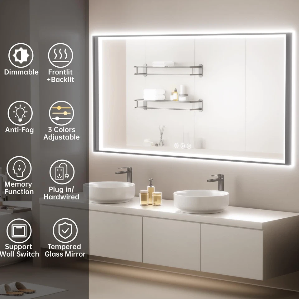 Espejo de baño 55x36 con luces, marco de aluminio negro, retroiluminado + iluminado frontal... Foto 2 de 4