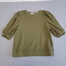 Time and Tru Women's S Pullover Stretch Shirt Short Puffy Sleeves Olive Green