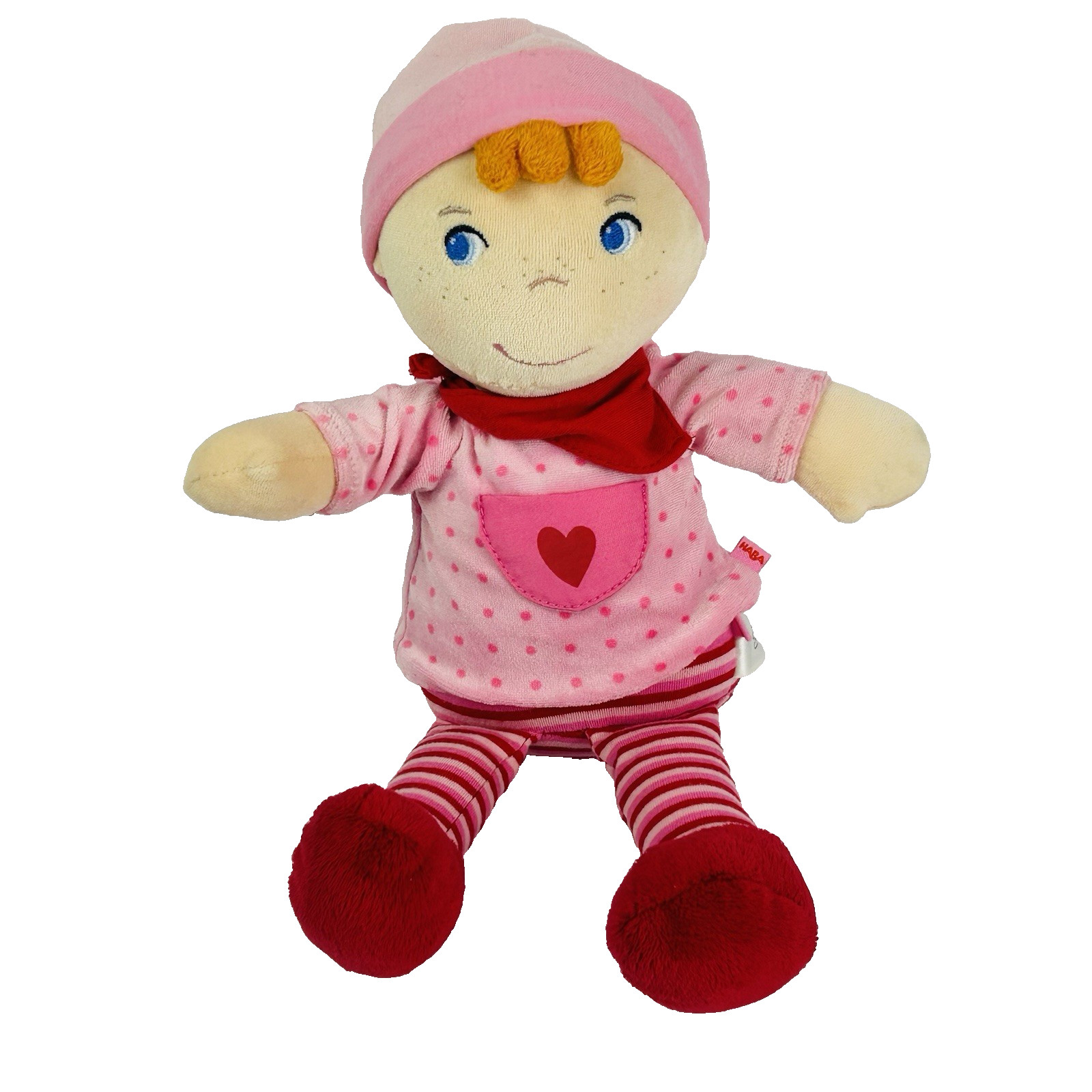HABA Soft Cloth Doll Embroidered Face Pink Red Heart Outfit 