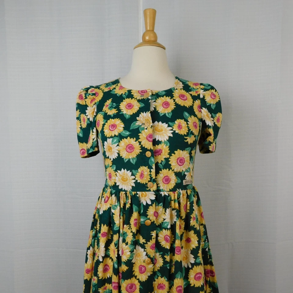 Vestido sin mangas abullonadas Bonnie Jean vintage con botones - 12, estampado de girasol #5745 Foto 3 de 4