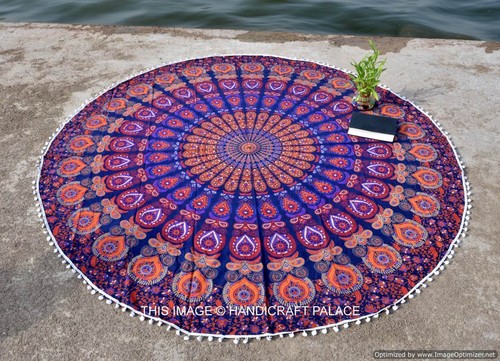Indian Pom Pom Round Mandala Tapestry Wall Hanging Beach Throw Towel Yoga Mat - Picture 33 of 42